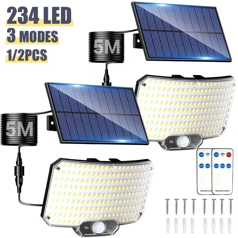 

Прожектор на солнечной энергии, 234 светодиода, система обнаружения движения, удаленное управление, водонепроницаемый дизайн, широкоугольное охранное освещение