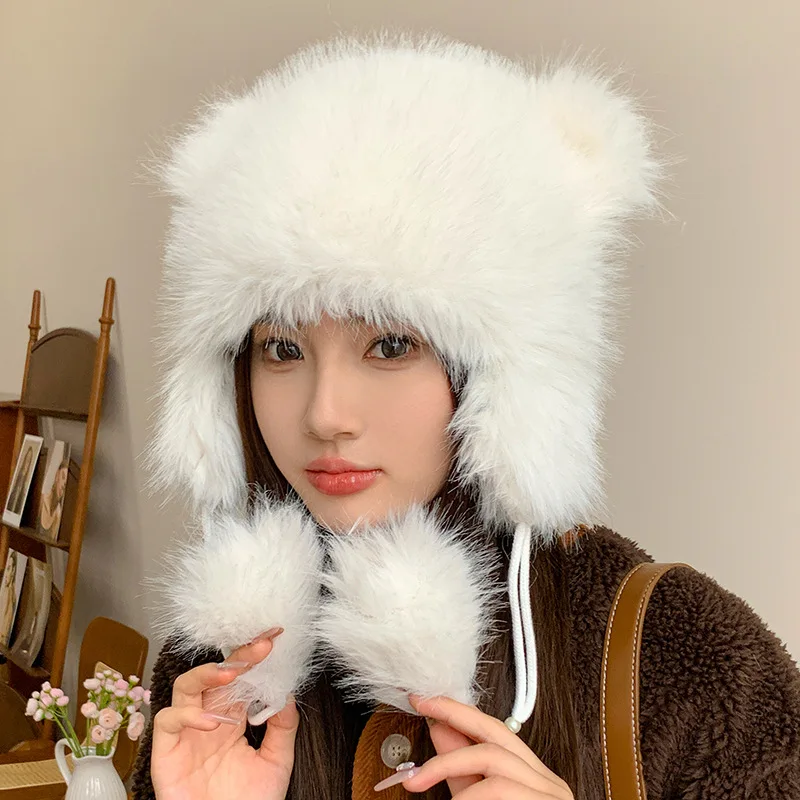 Winter Students Ear protection Thicken Fleece-Lined Hat Women Cute Bear Ears Hanging Balls Lei Feng Hat Fashion Warm Downy Cap