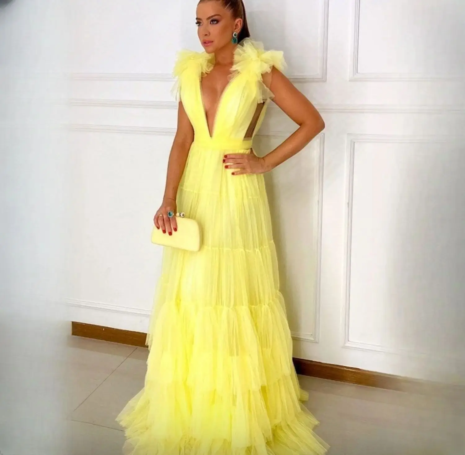 Bridesmaid Gala Dress Party Evening Elegant Luxury Celebrity Grace Gala Dresses 2024 Layered Collar Ball Gown Yellow Customized