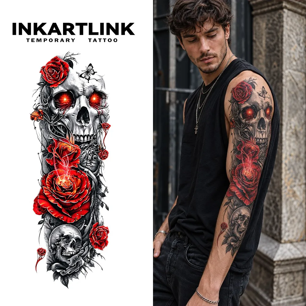 INKARTLINK 1PC Herbal Red Rose Skull Tattoo Lasts 2-5 Days, Unisex for Parties, Night Out & Dark Romance