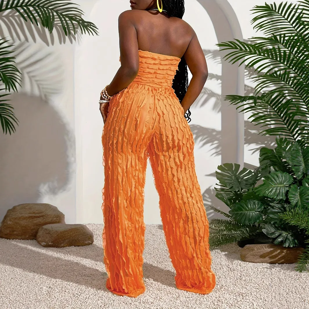 女性のカジュアルノースリーブジャンプスーツ春夏デイリーウェーブメッシュテクスチャバックレスジャンプスーツレディースフロアレングスパンツロンパース