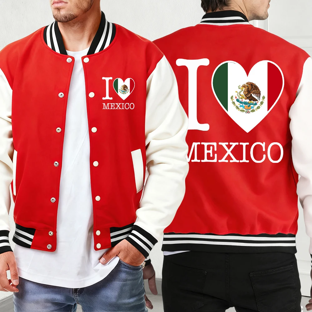 

I Love Mexico Letter Creative Printed Clothes Mens Basics Button Jackets Oversized Vintage Veste Sport Soft Baseball Jersey