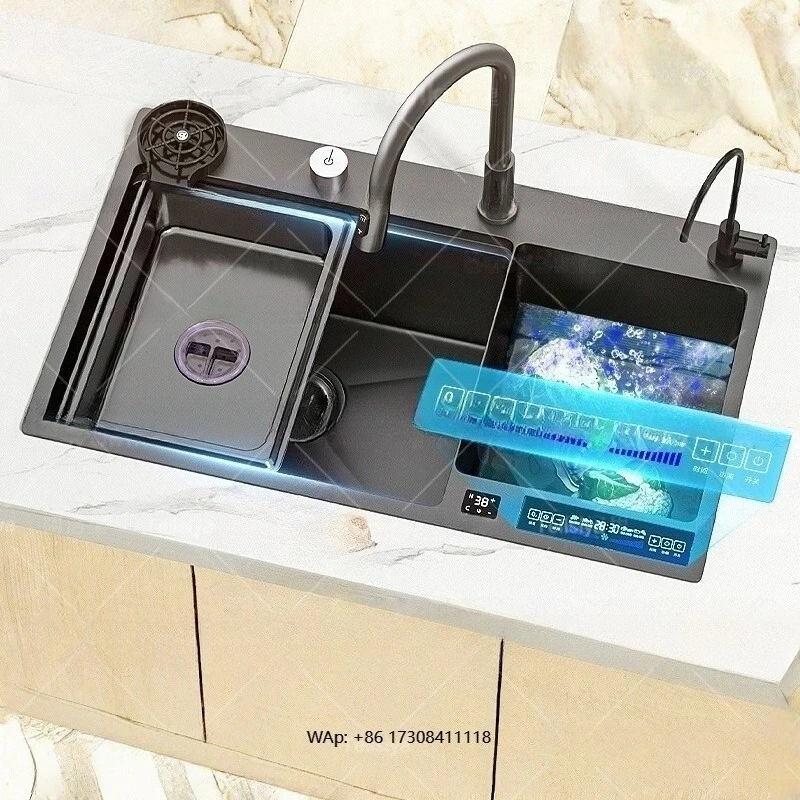 Water Catalyst Stainless Steel Kitchen Sink Multifunctional Smart Double Slot Cleaning Ingredients Dishes Kitchen Sink