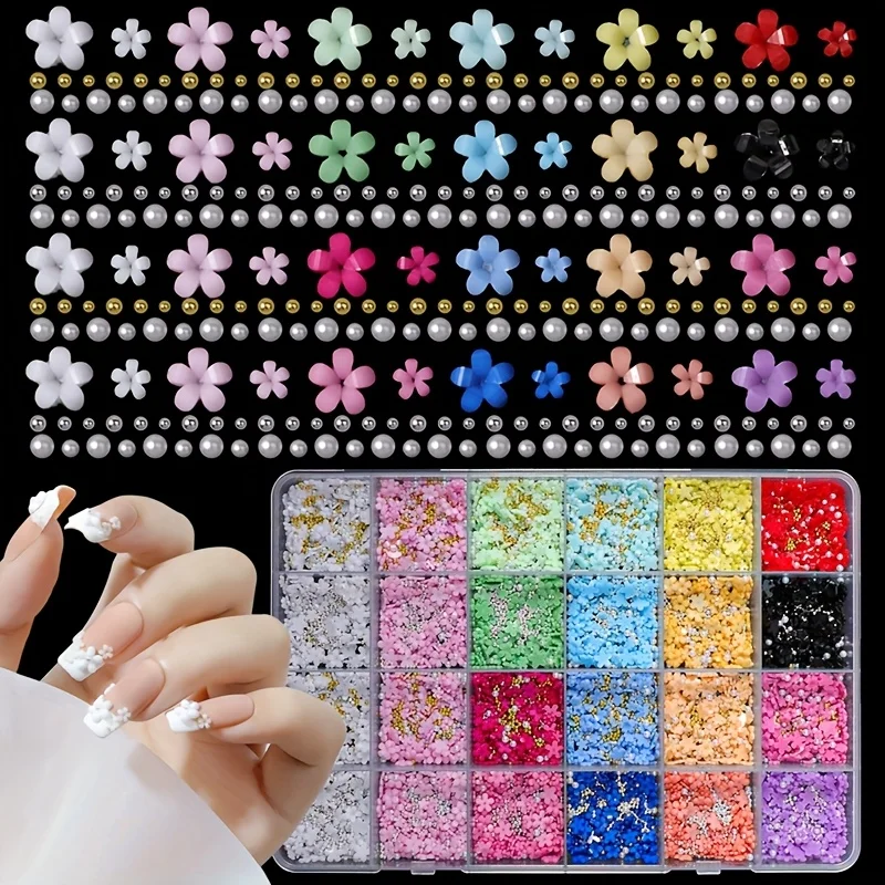 24 Fächer/Box 12 Farben 3D Acryl-Nagelcharms, Gemischte Strass-Steine, Metallperlen & Perlen, Frühlings-DIY-Maniküre-Deko-Accessoires