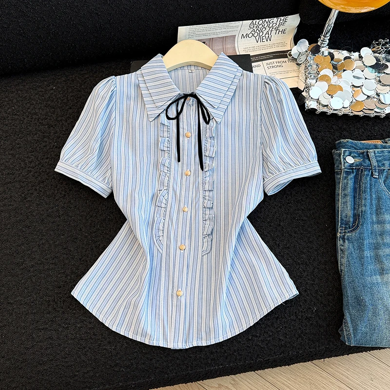

Blue Striped Short Sleeve Bubble Sleeve Shirt for Women Summer College Style Unique Beautiful Button down Collar Shirt Sweet ...