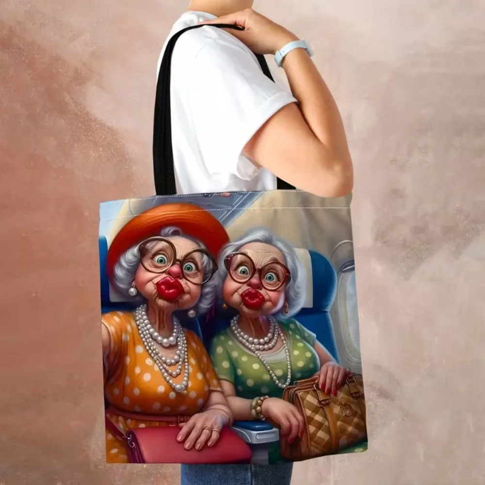 Funny Old Ladies Airplane Selfie Tote Bag Humorous Senior Best‑friends Canvas Shoulder Bag Travel Reusable Shopping Handbag