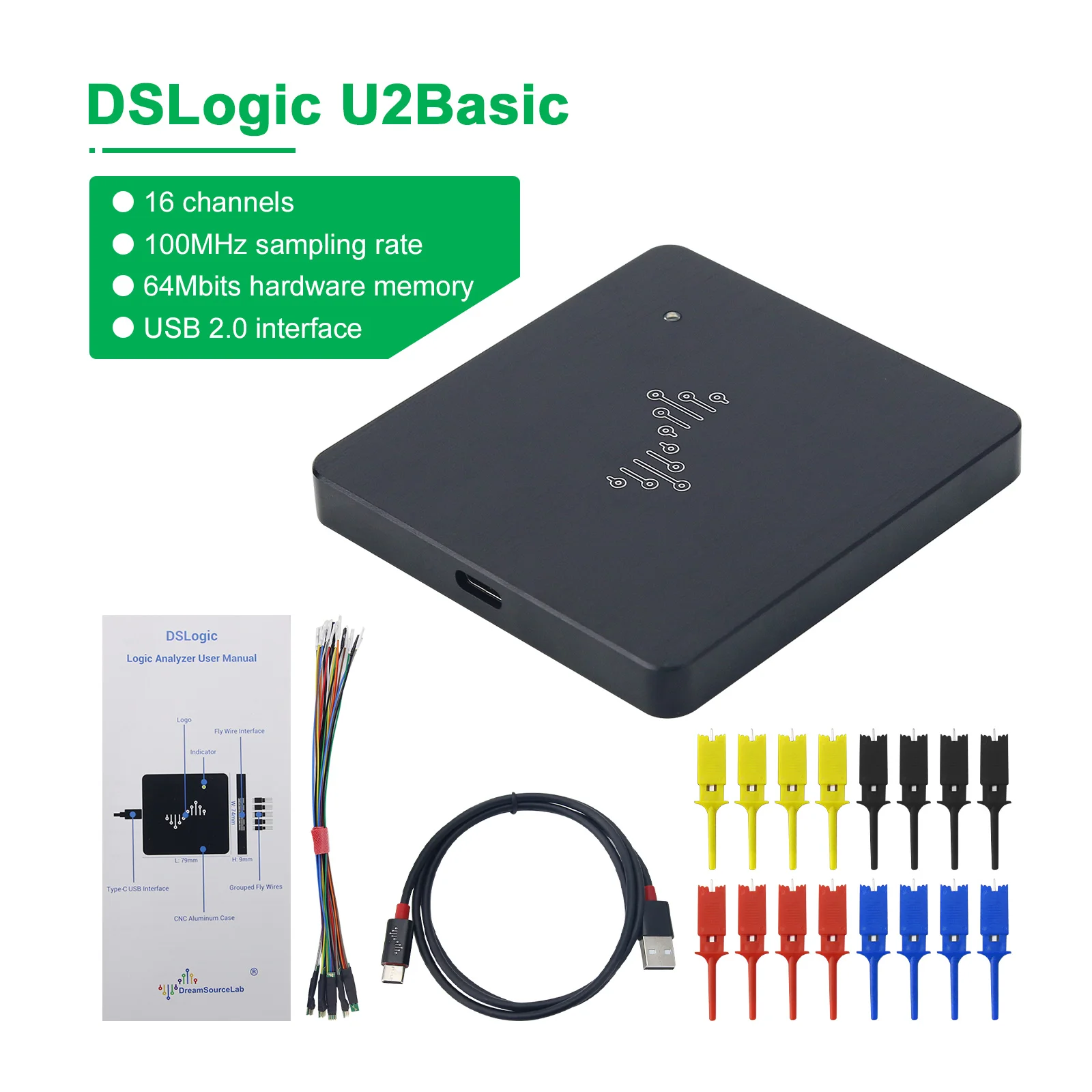 DSLogic U2Basic / DSLogic Plus 16CH 로직 분석기 USB 2.0 100MHz 샘플링 속도 64Mbits 하드웨어 메모리 디버깅