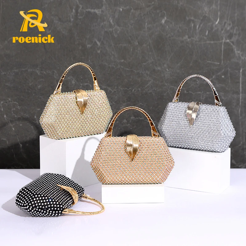 

ROENICK Women Shiny Evening Bags with Metal Handle Wedding Party Designer Luxury Handbags Clutch Chain Leaf Lock Shoulder Totes