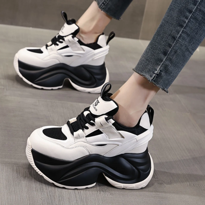 Fujin 8cm Air Mesh Genuine Leather Hollow Casual Fashion Summer Ins Hot Sell Women Chunky Sneakers Platform Wedge Comfy Shoes