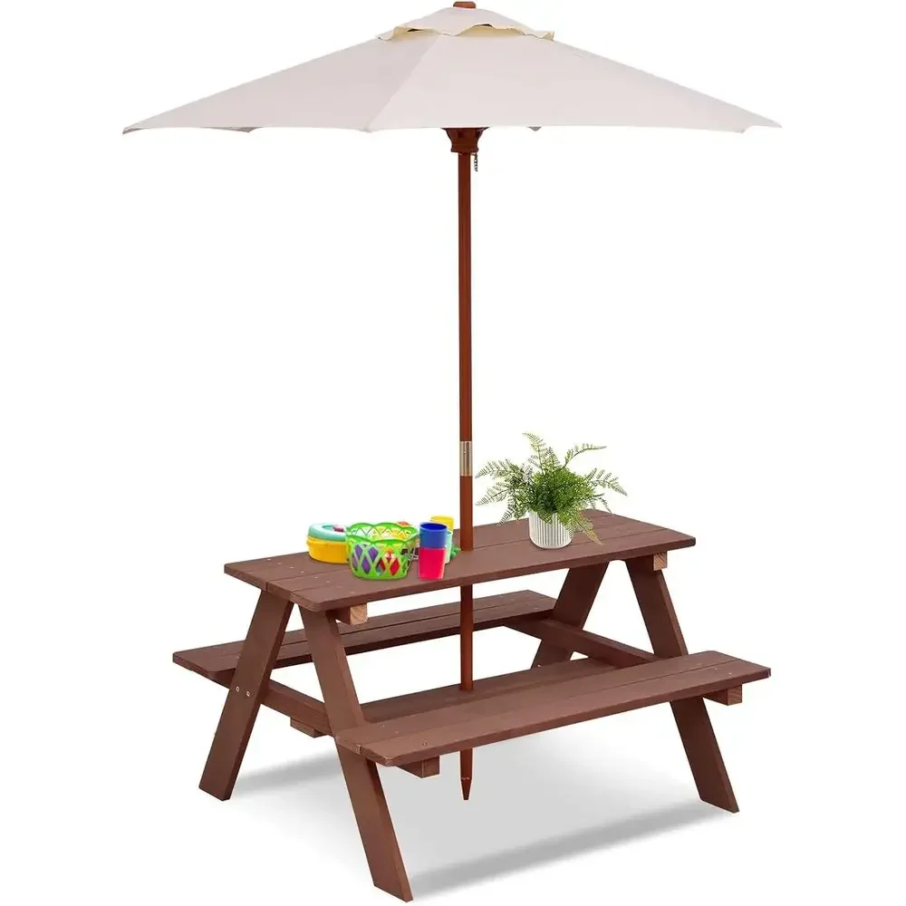 Children's Outdoor Wooden Picnic Table Set with Removable Umbrella, Backyard Patio Furniture for Toddlers, Suitable for Boys and