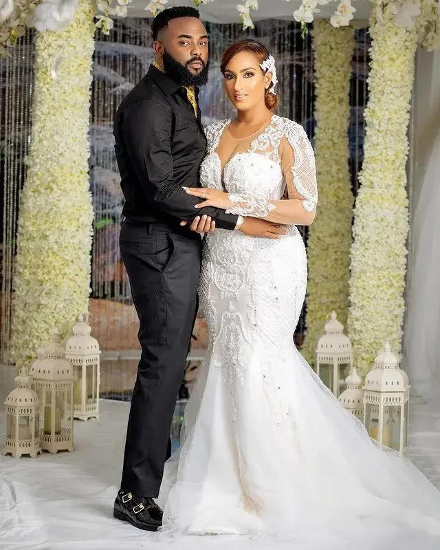 Personalizado sereia vestidos de casamento cheio de renda apliques pérolas miçangas árabe mangas compridas plus size vestidos de noiva robe de mariee