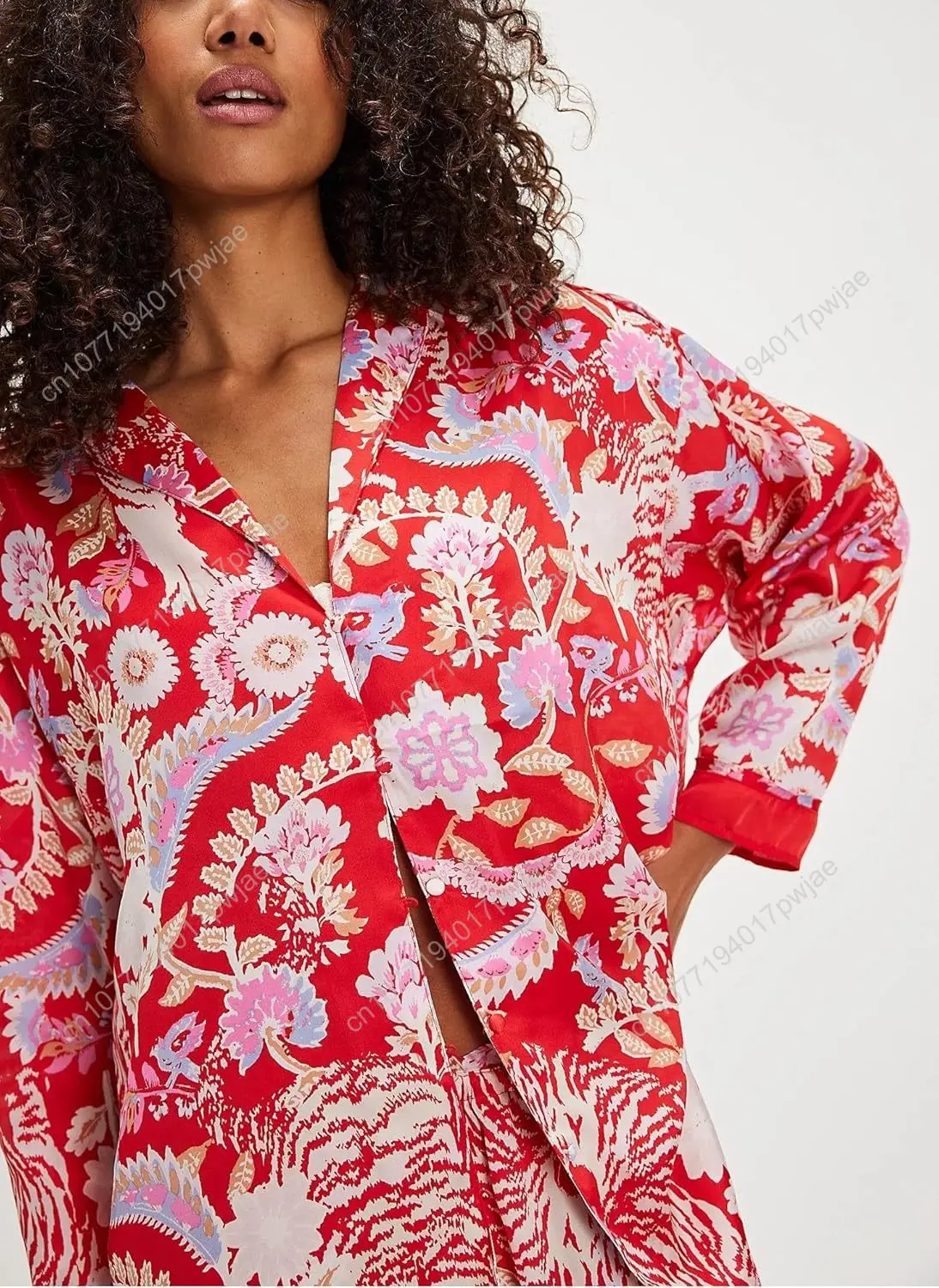 ชุดนอนผ้าไหมสไตล์ Y2K สำหรับผู้หญิง ลายดอกไม้ เสื้อเชิ้ตแขนยาวติดกระดุม กางเกงขายาวทรงกว้าง ชุดลำลอง 2 ชิ้น