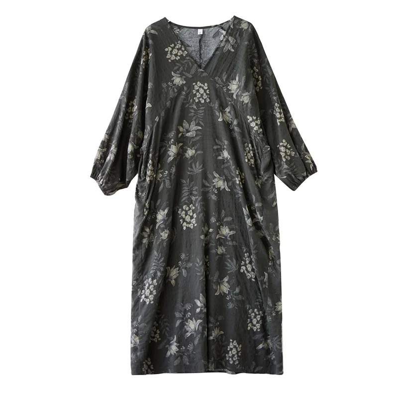 Elegant Long V-Neck Loose Fit plus Size Dress Autumn Fashion Thinming Large Code Women's Clothing City Walk Cotton Polyester 5