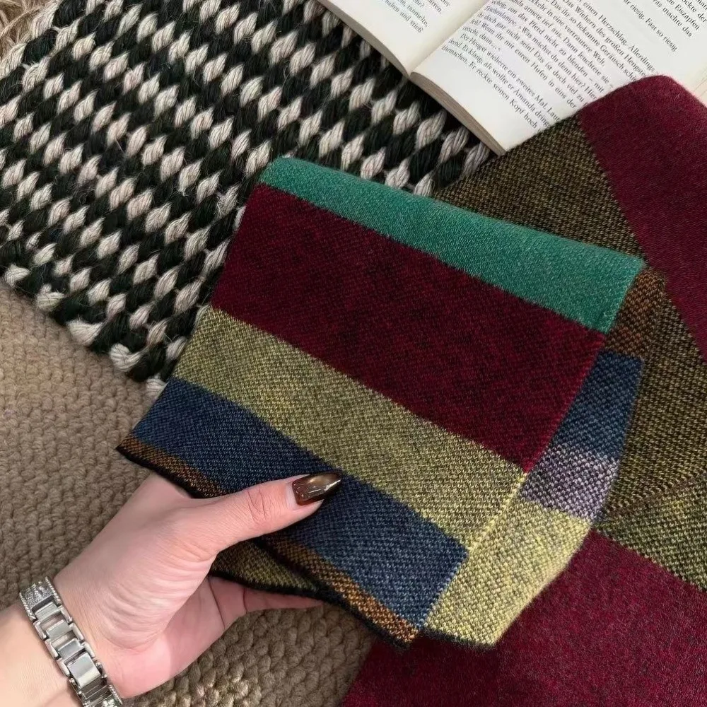 Casual Striped Plaid Women Striped Scarf Neck Warmer Rainbow Color Block Knitted Scarf INS Windproof Winter Shawl Vacation