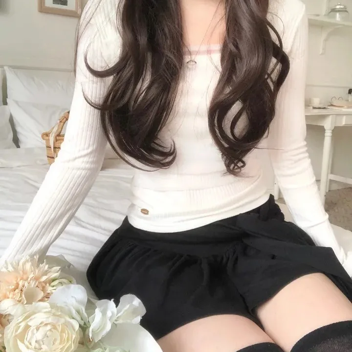 

Soft Korean Sle Pure Color Thin Me Slimming Women's Knitted Sweater Square Collar Me Splice Versatile Gentle Sweater