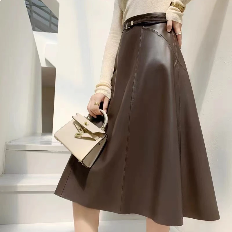 A-line Leather Skirt For Women Winter European Stylish Soft Sheepskin Midi Skirt with Belt Femme Big Hem Long Umbrella Faldas