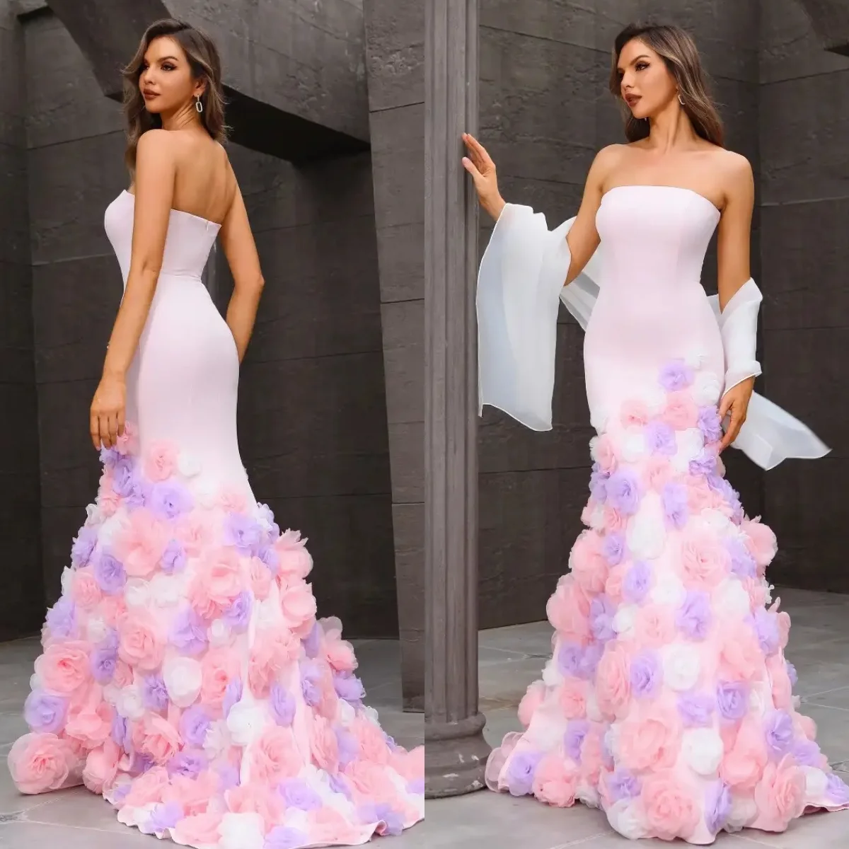 

White Mermaid Evening Dresses Pink 3D Flower Strapless Sleeveless Prom Dress Party Gowns Customized Brithday