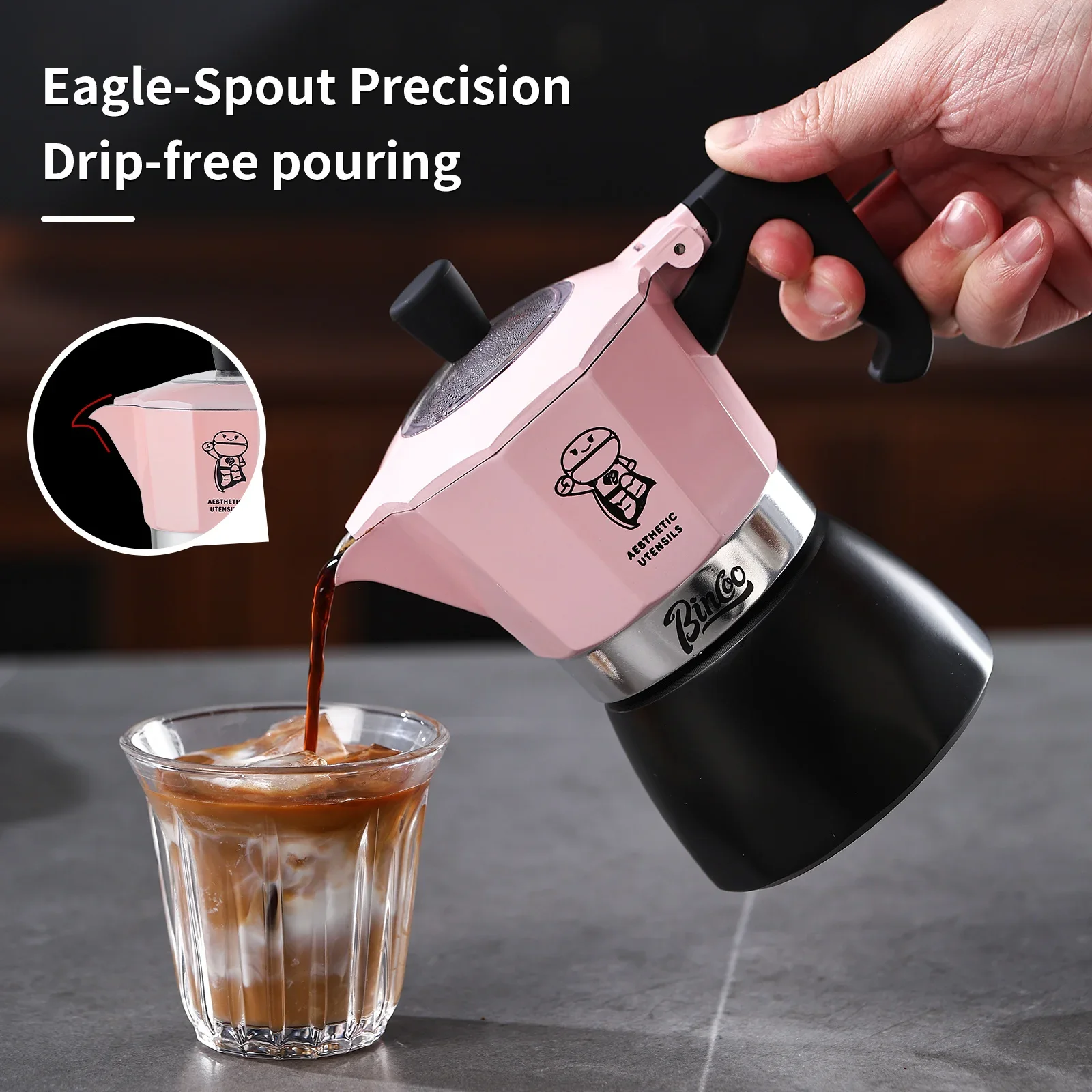 Bincoo Two-Tone Dual Valve Moka Set, Pink/Black, Manual Coffee Grinder, Home Espresso Extraction