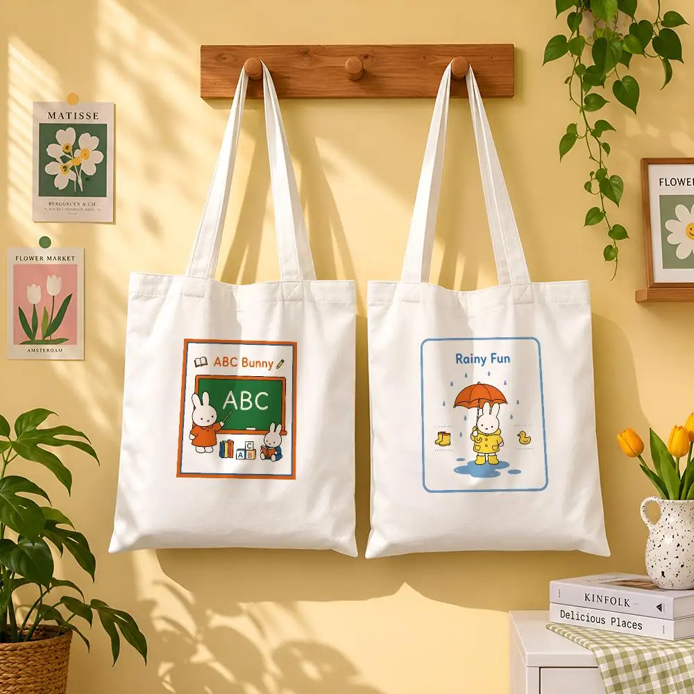 Cute Bunny Kids Learning & Play Storage Bags 1pc Canvas Tote Bag Reusable Shopping Shoulder Bag For Women Daily Use