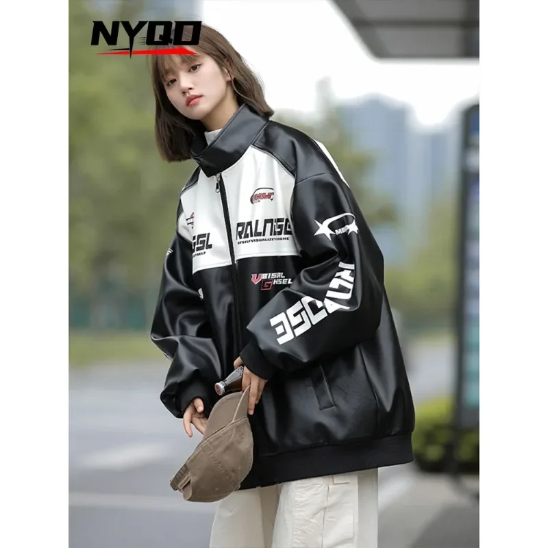 

MotorcycleRacingSuitMen's Spring and Autumn PU Leather Thickened Jacket Handsome High Street Clothes Oversize Trendy מעיל אופנוע