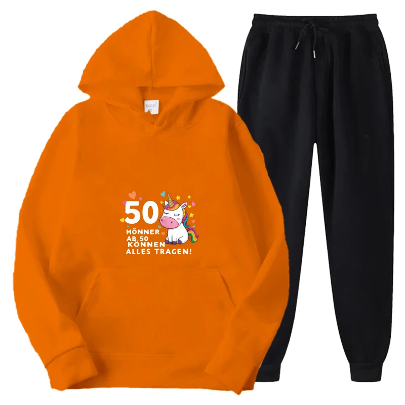 طقم هوديي سويت شيرت بقلنسوة مطبوع برتقالي وملابس ركض سوداء غير رسمية للرجال والنساء #6