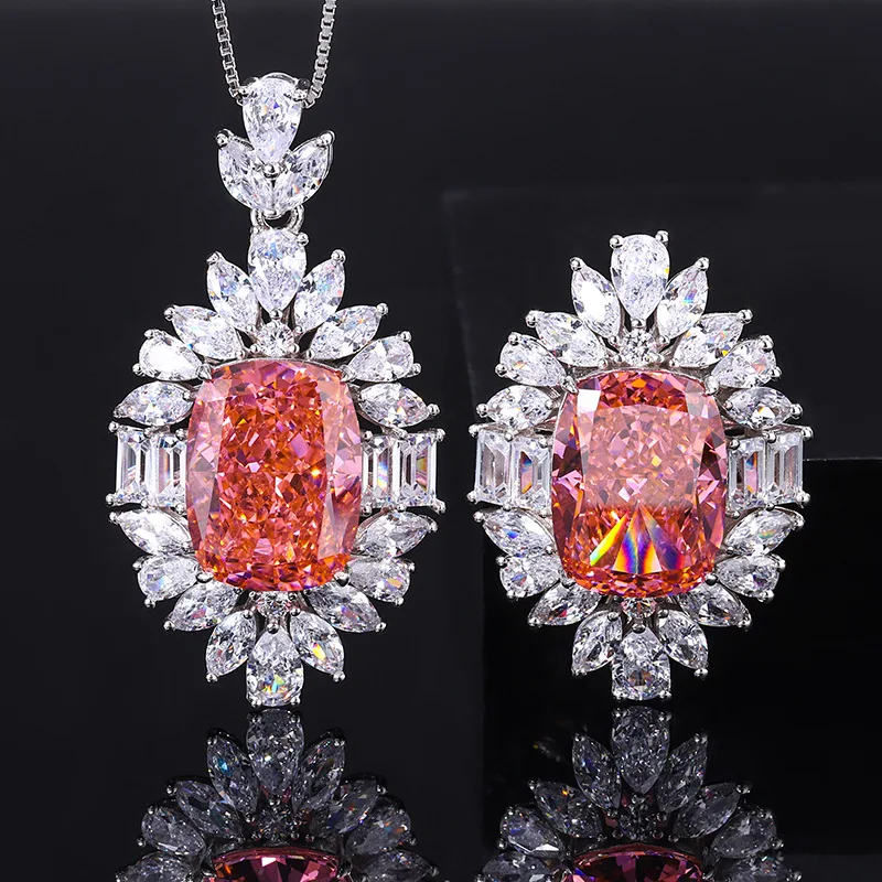 

Jewelry S925 Full Silver High Carbon Diamond Pink Orange Pendant Ring Exquisite Set for Women Fat Square 12*16