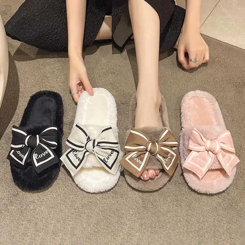 Casual Fluffy Slippers Women House Flats Elegant Love Bowknot Designer Shoes Ladies Indoor New Winter Fashion Platform Footwear