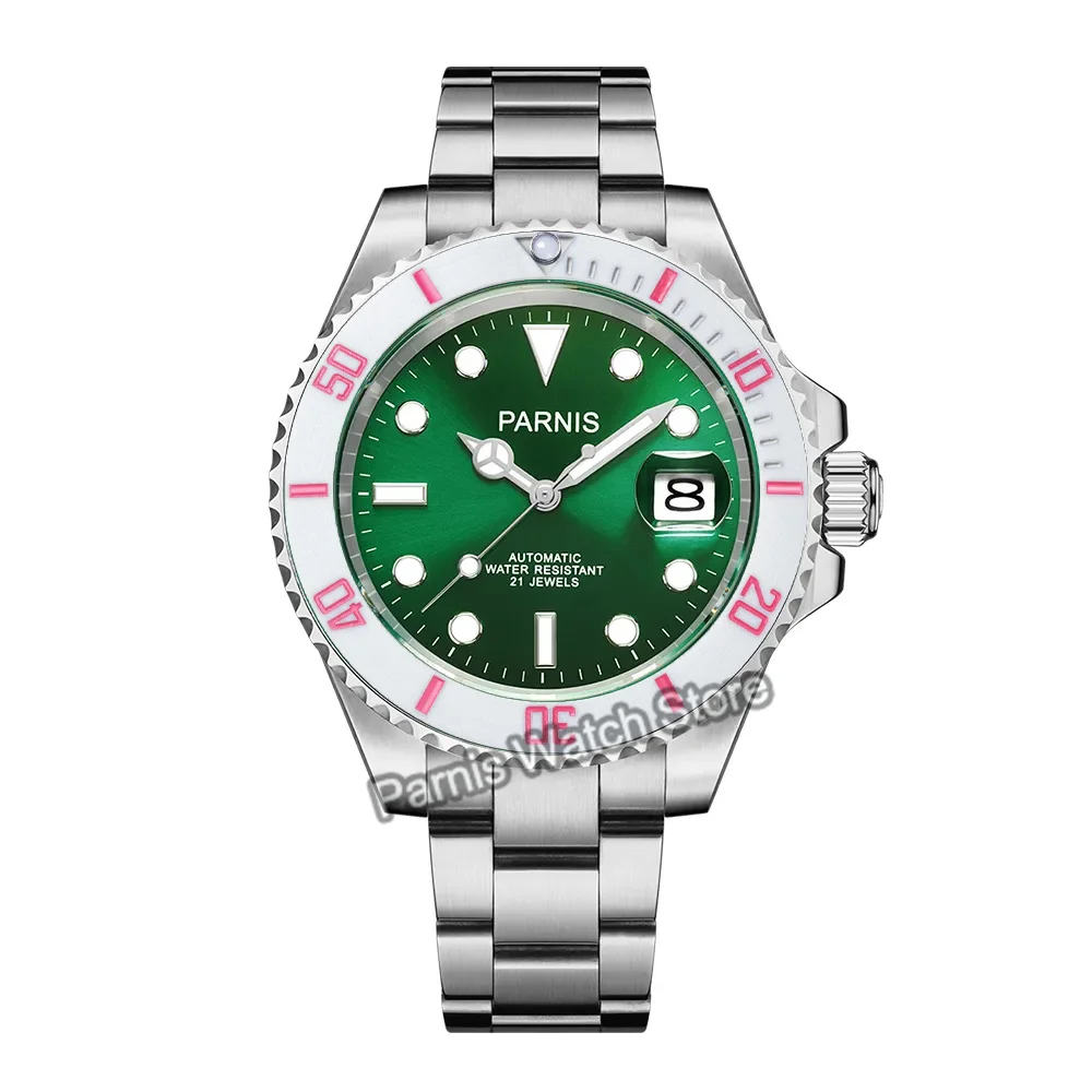 Parnis 40mm Sapphire Glass Automatic Green Dial Luminous Marker Carbon FiberBezel Men Boy Luxury Watch