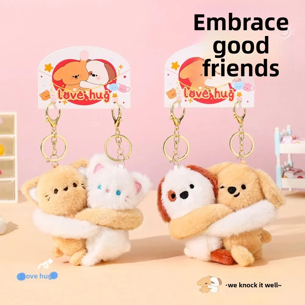 

Backpack Decoration Couple Cartoon Keychains Stuffed Animal Kittens Puppies Cat Dog Plush Dolls Plushies Toys Embrace Love Hug