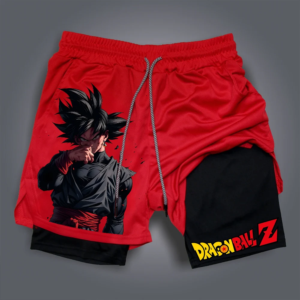 Pantalones cortos de entrenamiento Dragon Ball Z, clásico Goku Battle Pose, logotipo del lado derecho, texto, cordón ajustable en la cintura, ropa de gimnasio