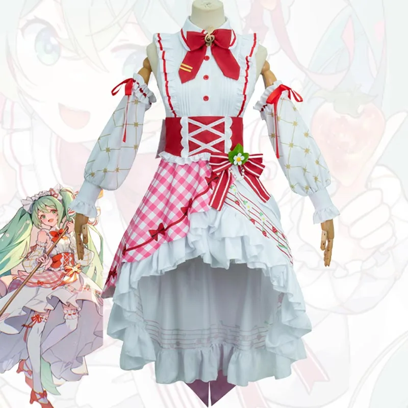 

Anime Strawberry Miku 15th Anniversary Cosplay Costume Lovely Lolita Dress Women Halloween Party Fancy Roleplay Uniform Suit Set