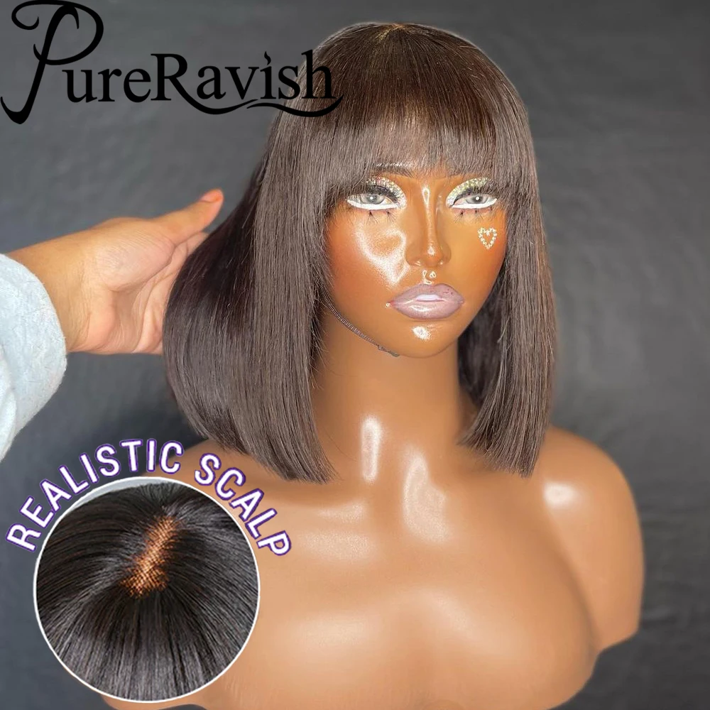 

Natural Scalp Short Bob Lace Scalp Wig With Bangs Human Hair For Women Bone Straight Bob Wig With Bang Remy Hair 180 % Density