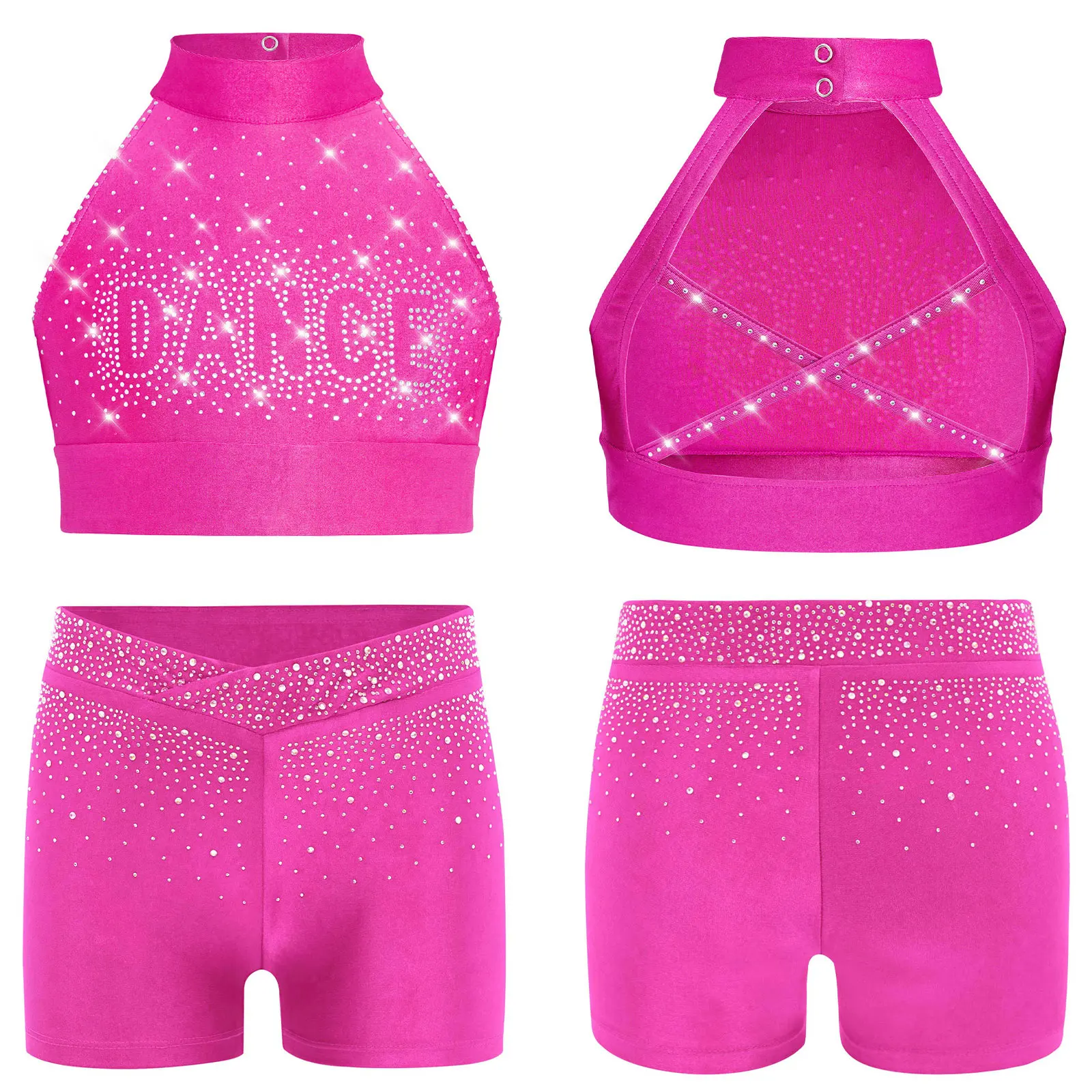 

Kids Girls Cheerleading Gymnastics Dance Performance Outfit Halter Sleeveless Backless Rhinestones Crop Top with Mini Shorts Set