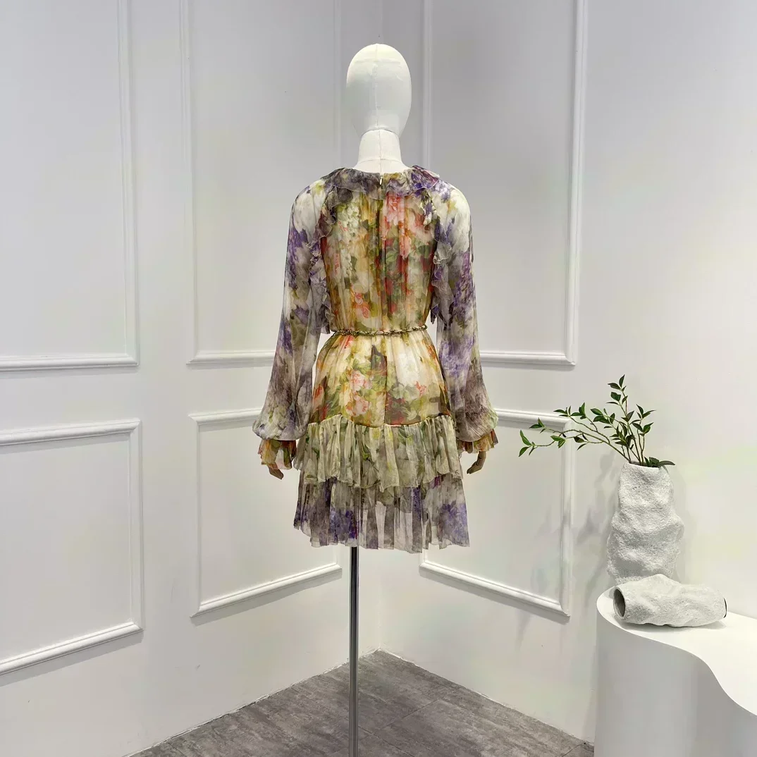 Top Quality Silk Vintage Frill Flounce Floral Print Long Lantern Sleeve Multi-color Waist Belt Woman Mini Dress