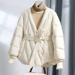 New Down Cotton Jacket Women Winter V-neck The Waist Solid Short Coat Female Fashion Splice Knitted Sleeve Parkas With Belt