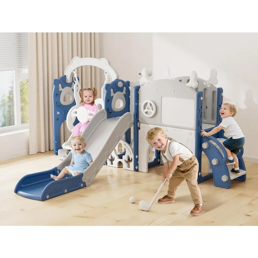 

13 in 1 Toddler Slide and Swing Set for Ages 1-3 Outdoor Indoor Playground with Golf Set Basketball Hoop Drawing Board Blue