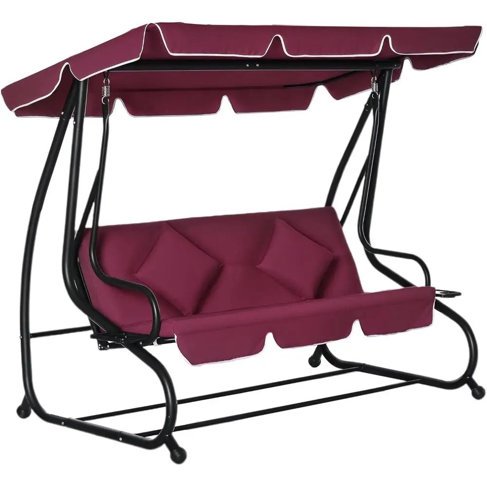 3-Seat Outdoor Patio Swing Chair, Converting latbed Red | Outdoor Swing Glider, Adjustable , Removable Cushion and Pillows, or P