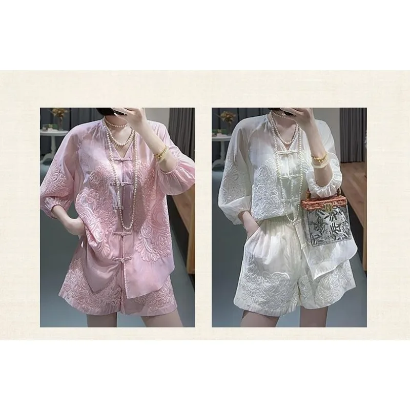 (Plus Liner) New National Style Embroidery Foreign Style Improved Hanfu Buckle High-end Outer Loose Shorts Two-piece Set Suits