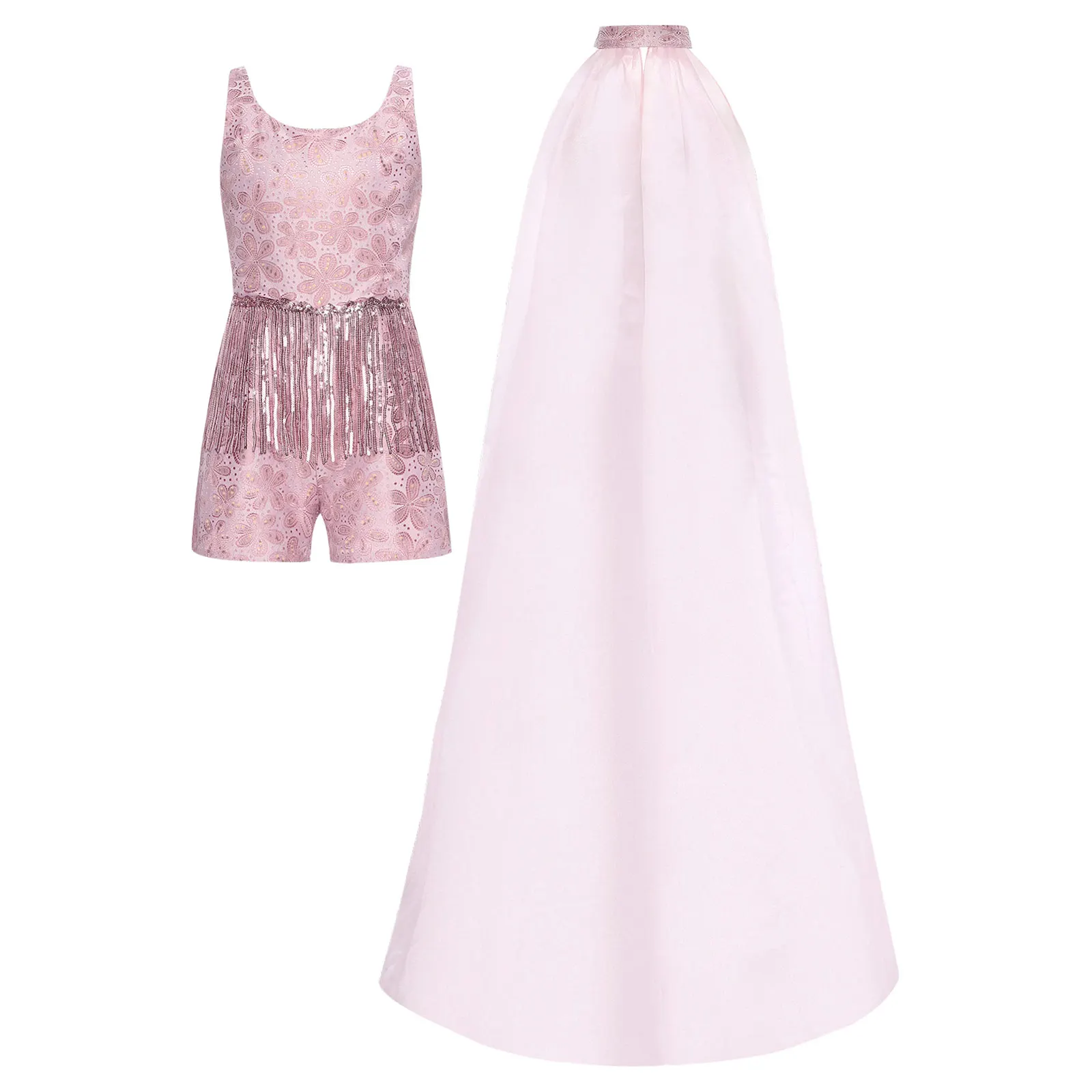 

Kids Girls Square Collar Sleeveless Hollow Patterned Sequined Fringed One-piece Jumpsuit with Detachable Collar Tulle Shawl Set