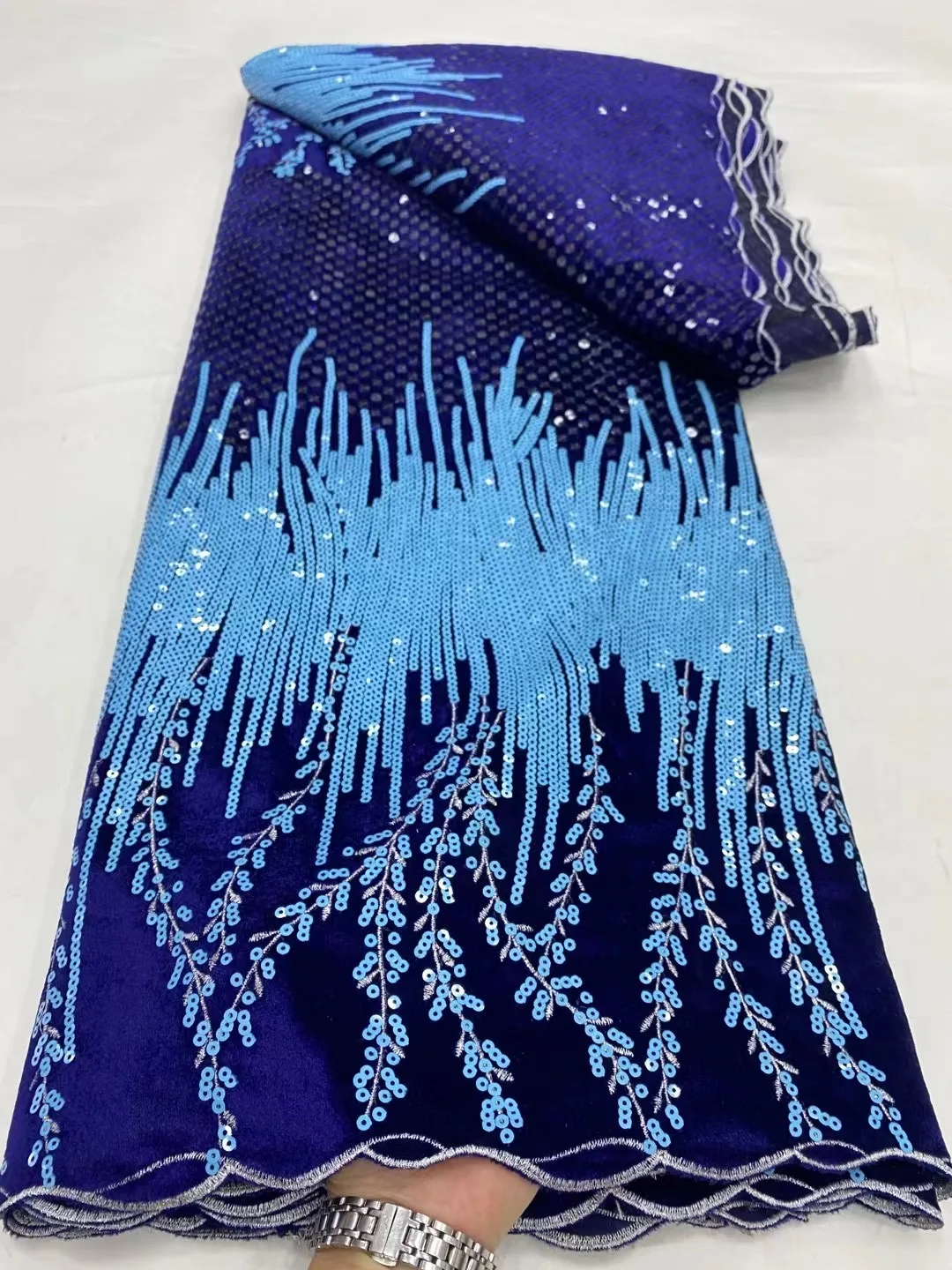 

Exquisite Blue Lace Velvet Fabric Sequins Sewing Crafts For Wedding Garment Dress Materials