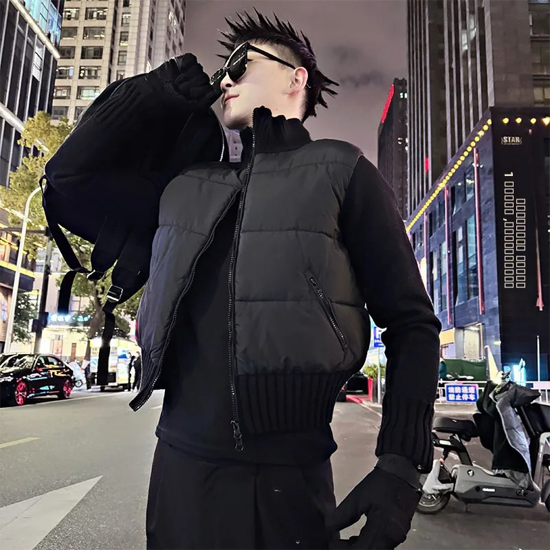 

Thiened Knitted Slim Fit Cotton Jaet for Men Winter Outerwear Youth Faion Stand Sve Long Zipper Closure Warmth