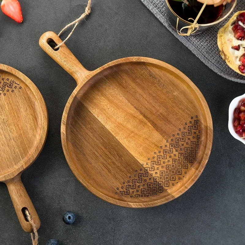 Round Acacia Wood Serving Tray – Japanese Retro Wooden Platter for Tea Set, Outdoor Picnic, Camping, BBQ & Drink Holder