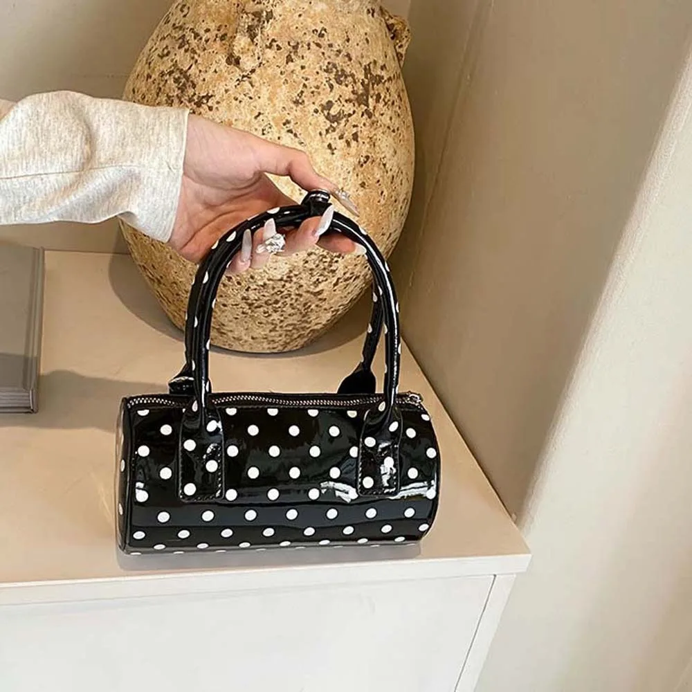 

Polyester Polka Dot Cylindrical Bag Anti-Splash Water Large Capacity Spicy Girl Handbag Black Contrast Color PU Shoulder Bag