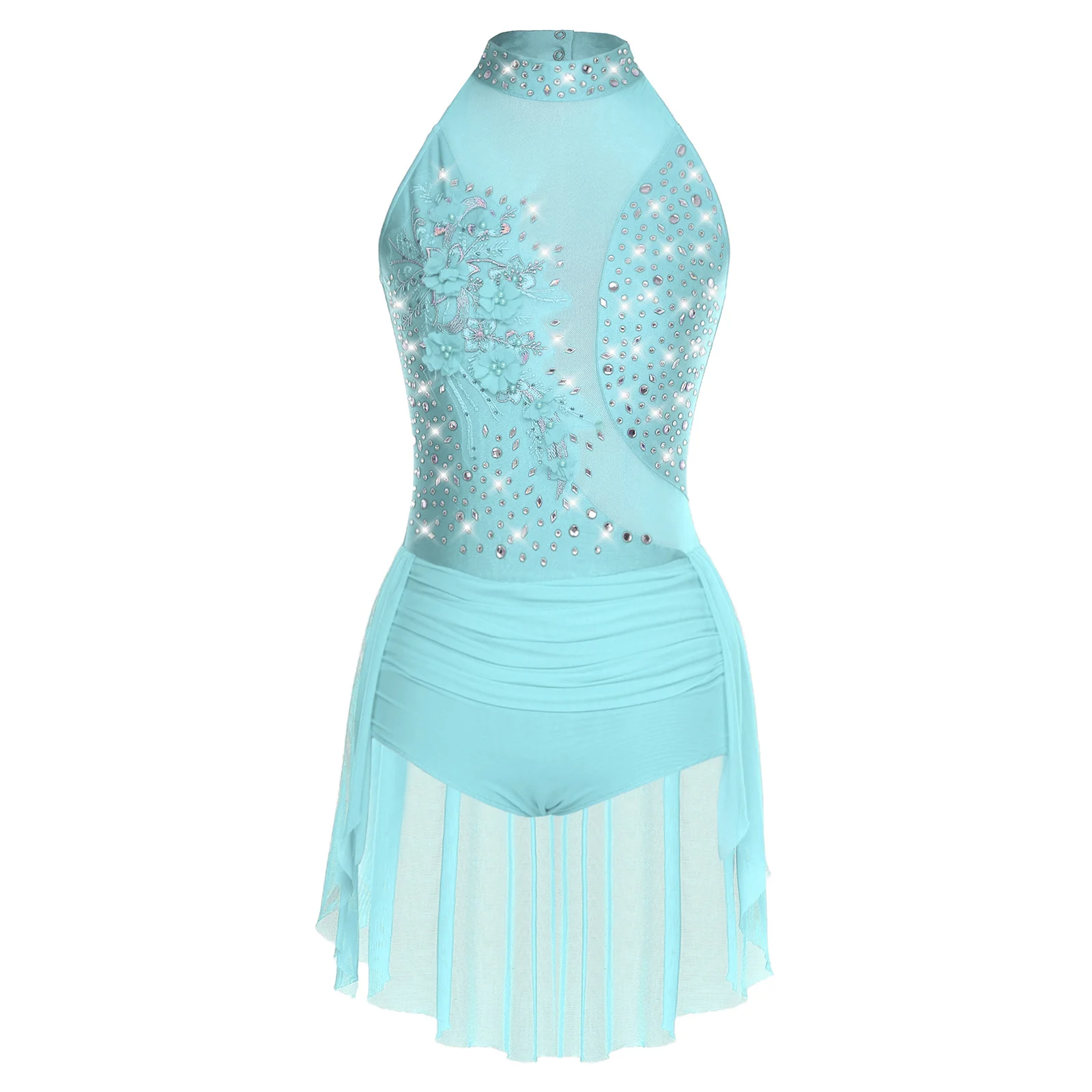

Womens Tango Latin Dance Performance Bodysuit Sleeveless Back Hollow Out Irregular Skirted Leotard Lyrical Latin Dancewear
