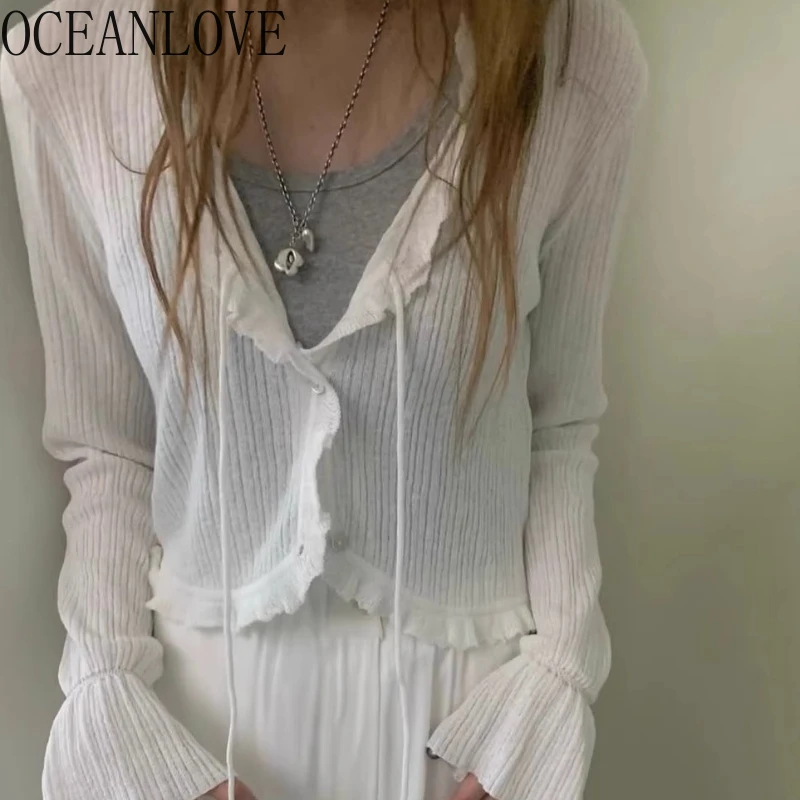 

OCEANLOVE Flare Sleeve Thin Short Cardigans Ruffles Spring Summer Sunscreen Solid Women Sweaters Sweet Korean Fashion Knitwear