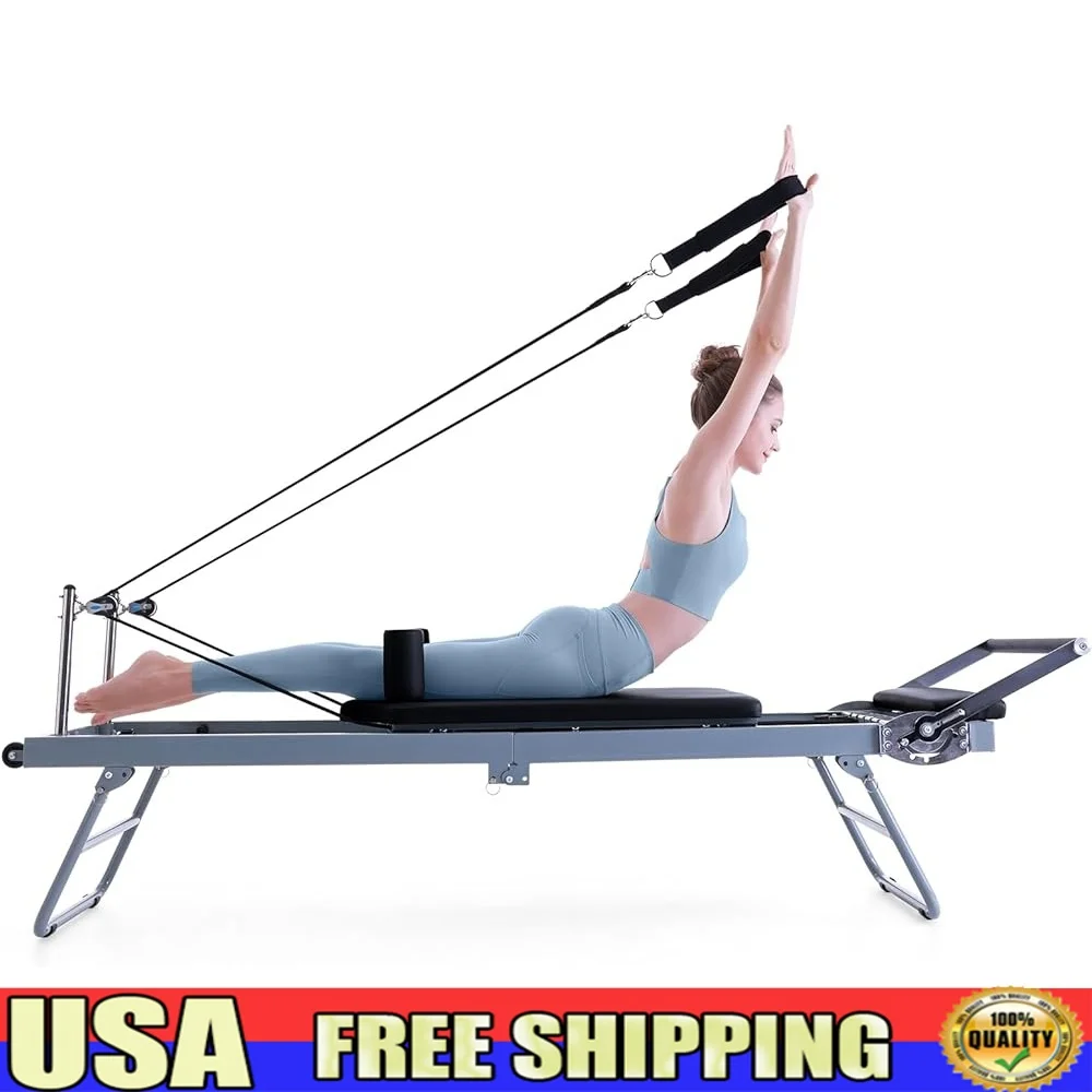 

Foldable Pilates Reformer Machine Home Gym Equipment Adjustable Resistance Breathable Leather Suitable Beginners Intermediate