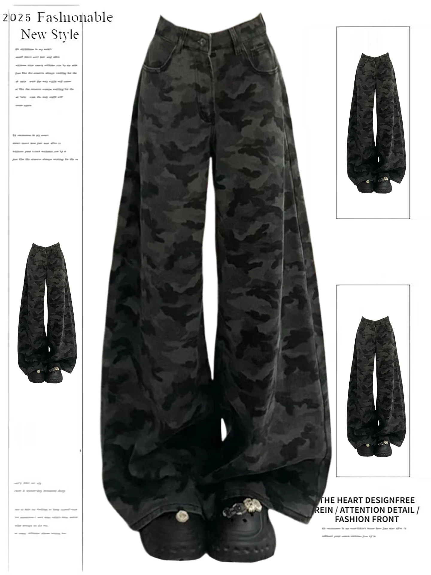 American Sle High Waist Camouflage Workwear Jeans Women's Loose Straight Leg Wide Leg Pants Long Trousers Autumn New Arrival