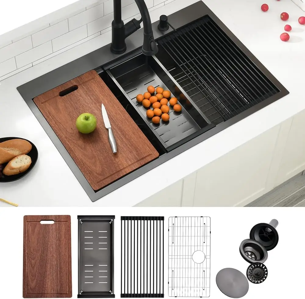 33 Inch Kitchen Sink Drop In, 33x22 Black Drop In Kitchen Sink, 16-Gauge 304 Black Stainless Steel Workstation Sink with Accesso