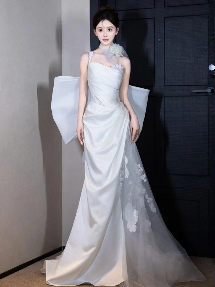 

Light Lace Satin Wedding Dr Ele Fi Tail Gown for Engagement Parties with Bow Detail Long Sve Sweet Sle Chinese ...