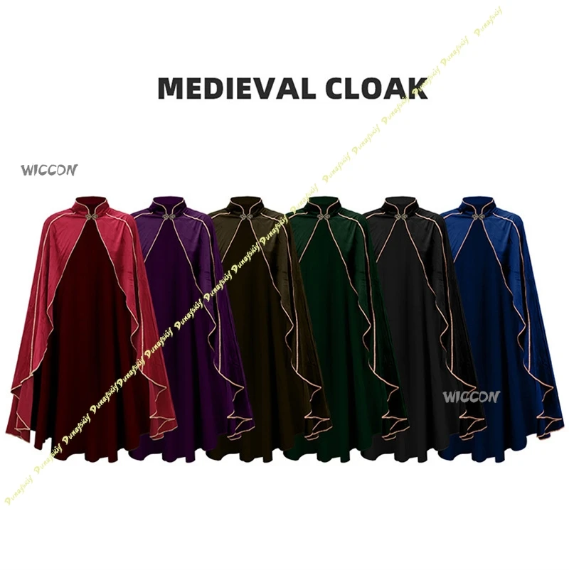 

Luxury Golden Trim Suede Cape Medieval Stand Collar Cloak Adult Retro Medieval Outfit Halloween Cosplay Stage Costume
